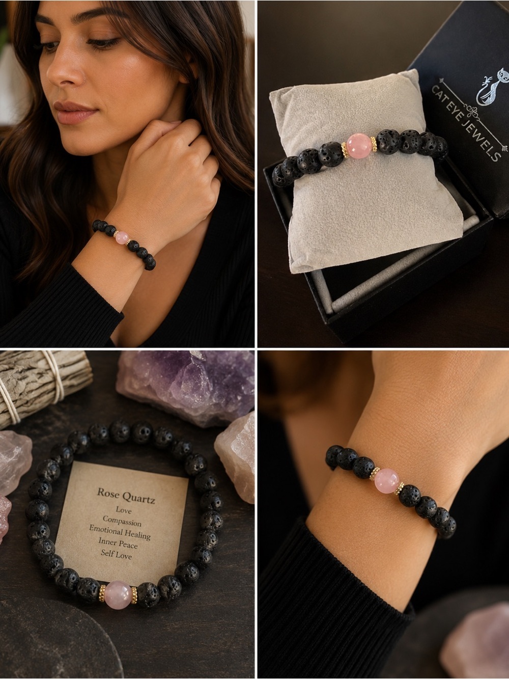 New Cat Eye Jewels Lava Stone Mood Charm Bracelet | Rose Quartz | Unisex
